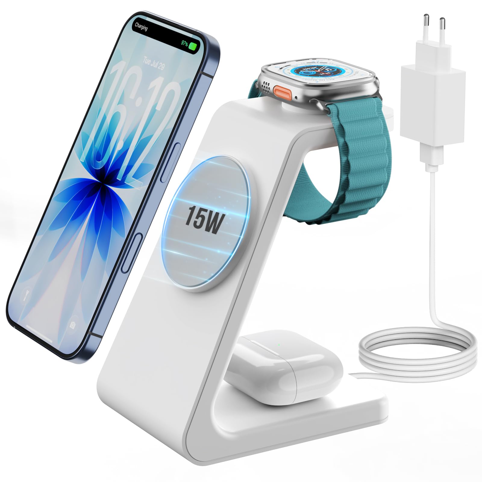 GEEKERA Certificato Stazione Ricarica per Apple, Caricatore Wireless Rapido 15W compatibile con Mag-Safe per iPhone Air/17-12, Stand Ricarica per Apple Watch, Base Carica per AirPods, Bianco e Grigio