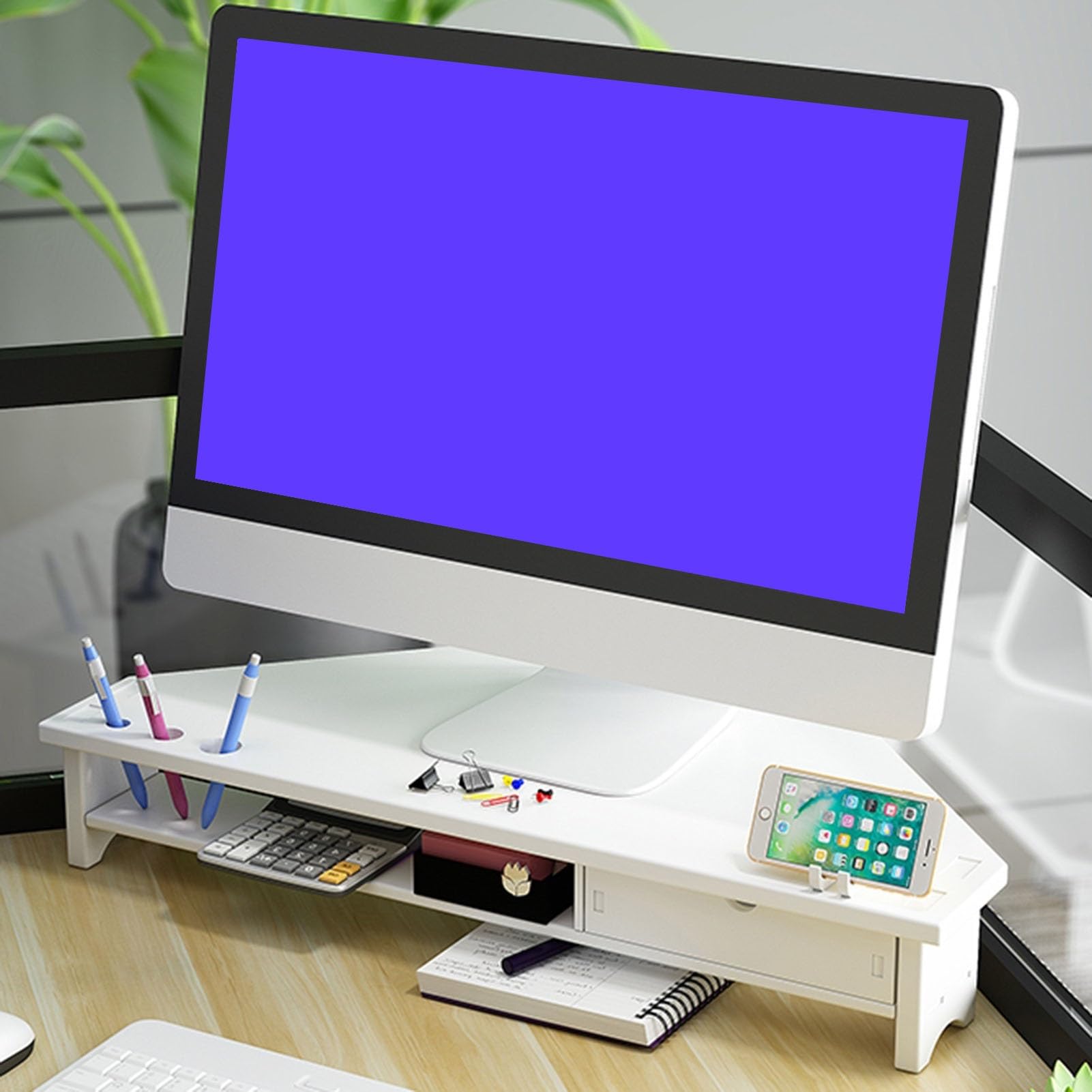 CGJseFH computer stand, Triangle Monitor Stand Riser, Cut Wooden Desktop Corner Shelf with Drawers, Laptop Office Organization Storage Rack for Printer