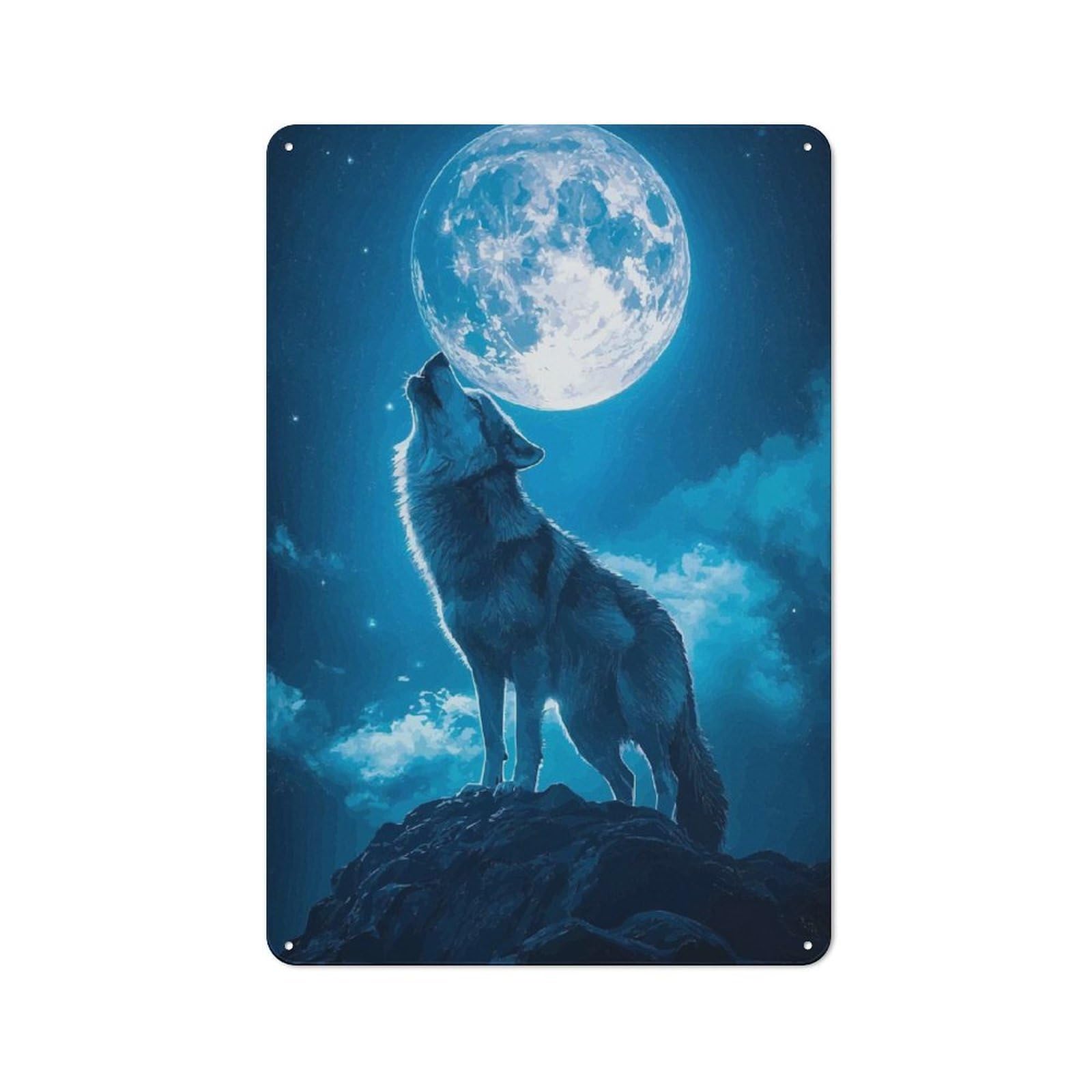 Junmoney Wolf Howling At The Moon Rustic Tin Sign 30X20cm For Café Or Home Bar, Suited To Hospitality Decor Collectors
