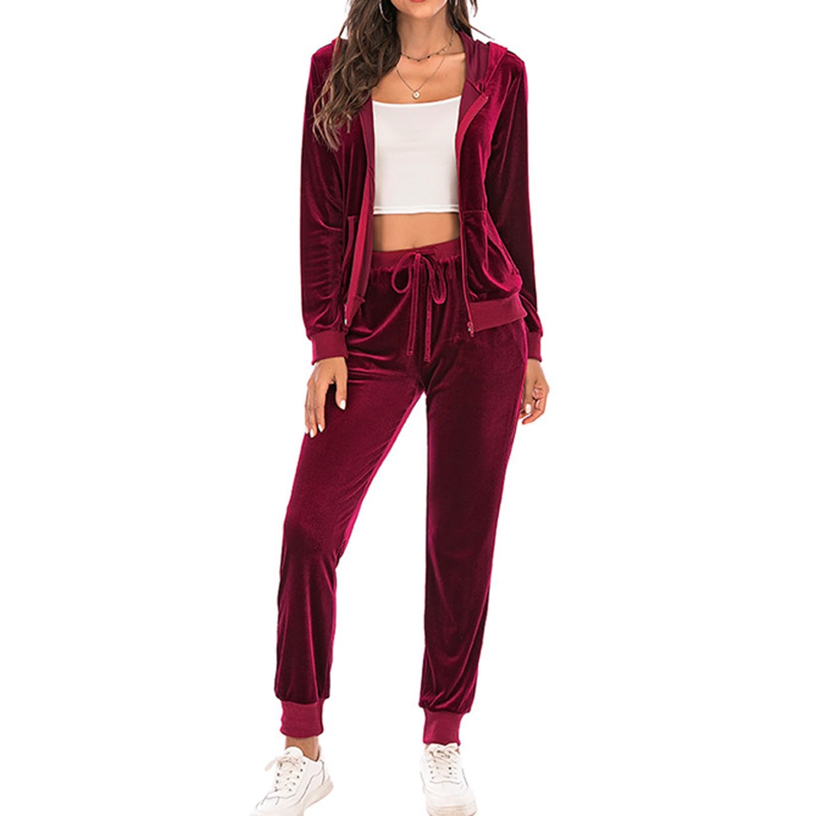 Generisch Conjunto de ropa interior térmica para mujer con capucha sudadera manga larga blusa cremallera pantalones elásticos