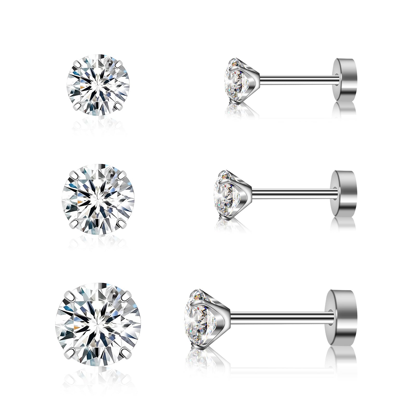 Artskin 3 paia di orecchini in titanio cubuic con zirconi per donne e uomini, orecchini a perno ipoallergenici, piatti, in argento, per ragazze, set da 3 mm e 5 mm