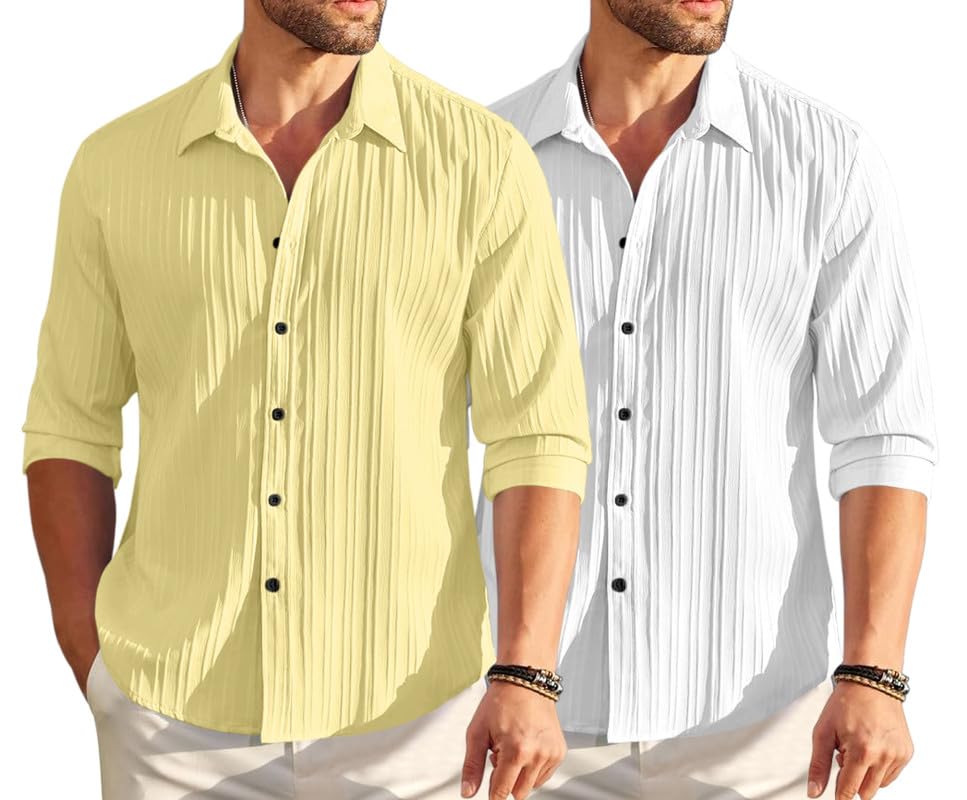 Image of FINIVO FASHION Men's Cotton Blend Shirt Set Lightweight, Full Sleeves, Plain Texture, Button Closure, Summer Ready (Pack of 2)