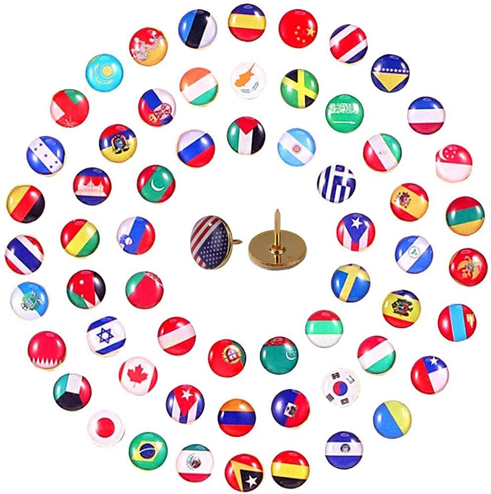 Tiardey 100Pcs Creative Push Pins National Flag Thumb Tacks Country Map Push Pins for Bulletin Board,Map,Office