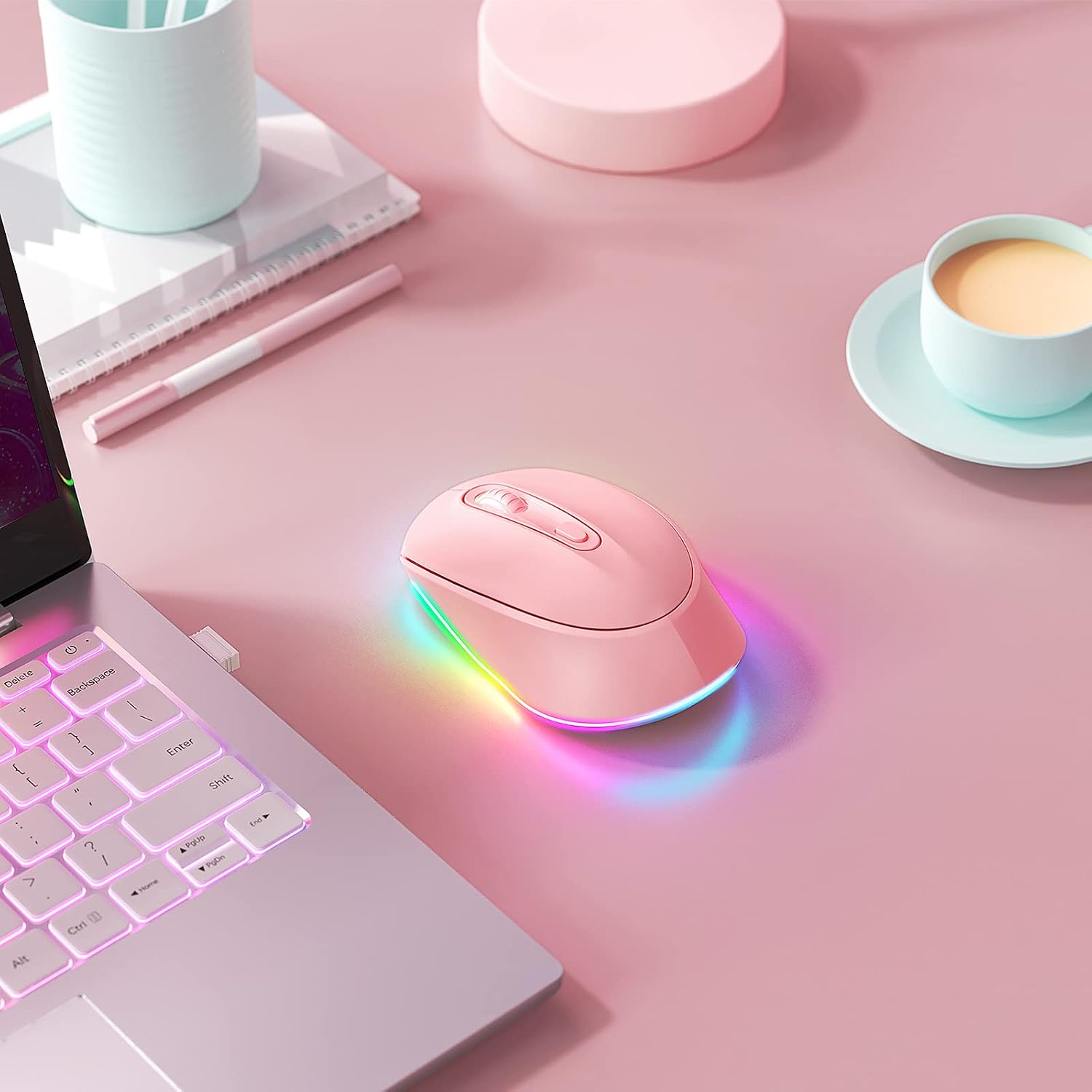 seenda Wireless Mouse, Rechargeable Light Up Mouse for Laptop, Small Cordless Mice with Quiet Click LED Rainbow Lights for PC Computer Kids Chromebook Windows Mac,Hot Pink