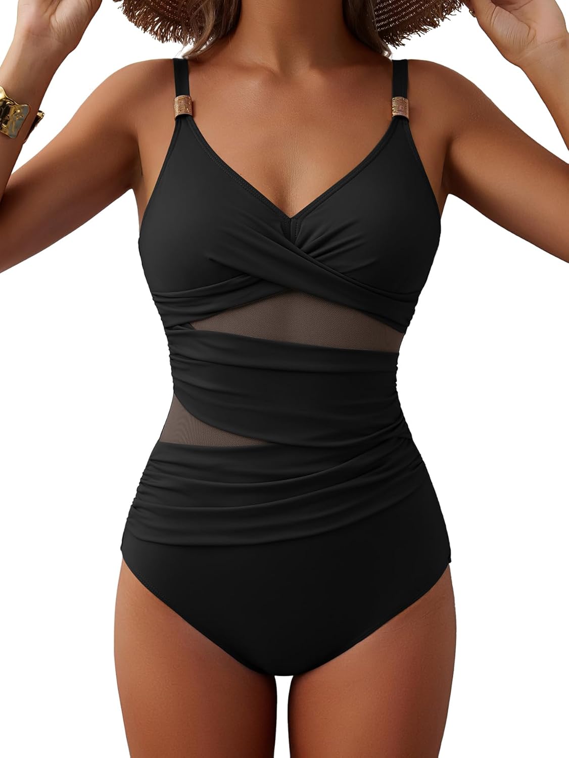 EVOCRCO Women's Mesh One Piece Swimsuits Tummy Control V Neck Bathing Suit Sexy Push Up Swim Suit Slimming Swimwear