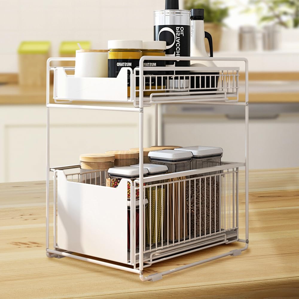 Supfine Rangement sous Évier à 2 Niveaux- Organisateur sous Evier Tiroir Coulissant à Extraction, Rangement et Organisation de Cuisine, Panier de Rangement Multifonction (Blanc, 37.4 * 26.5 * 44cm)