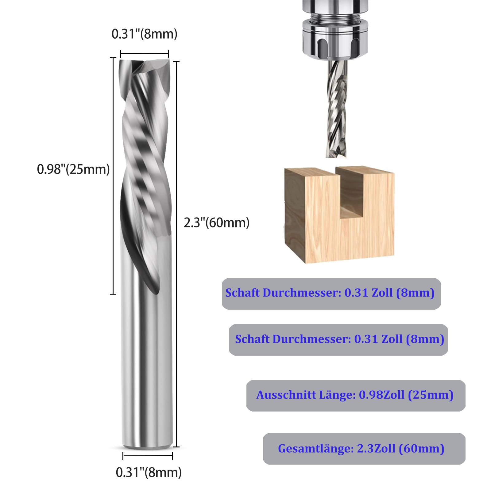 2 Flutes Up & Down Cut Bit 8mm Shank Compression Bit Lunghezza di taglio 25mm Spirale CNC Router Bits End Mill Carburo di tungsteno Fresa Cutter Set 2 Pack