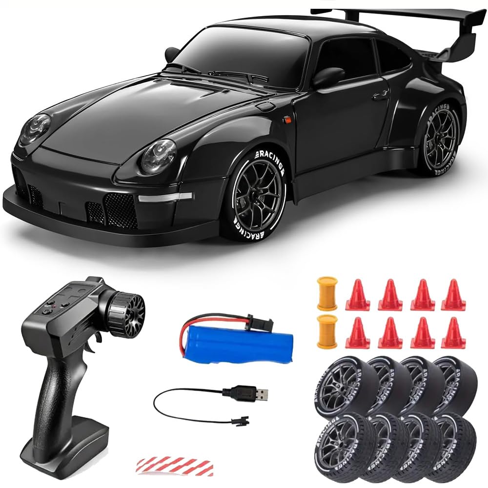 RC Drift Car, 1:24 Scale Remote Control Vehicle with LED Lights, 2.4GHz 4WD High Speed RC Cars, Drifting Tires＆Two Speed Modes, Racing Sports Toy Gift for Adults Boys Girls (Black)