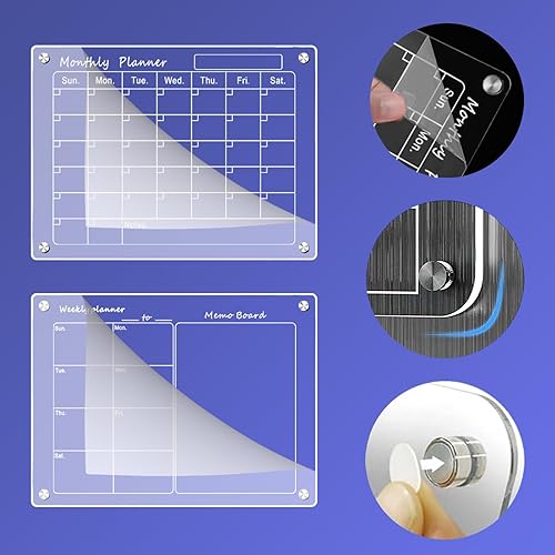 Miniatura 2 de Calendario magnético acrílico para refrigerador, 2 juegos de 16 x 12 pulgadas, calendario de planificación de borrado en seco mensual y semanal para