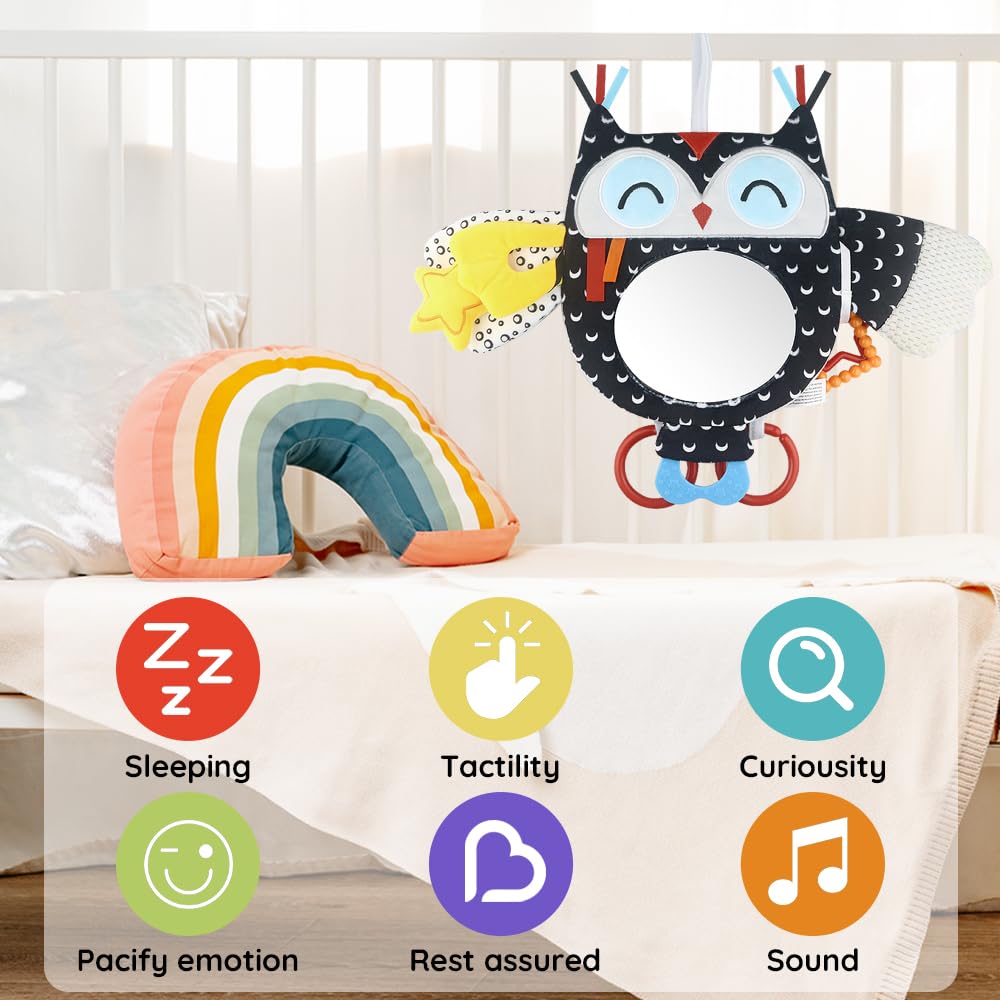 Giocattolo da Appendere per attività per Bambini con Specchio per Auto in-Sight, Regolabile per seggiolini Auto, passeggini, culle e Tempo sulla Pancia, con sonagli (Owl)