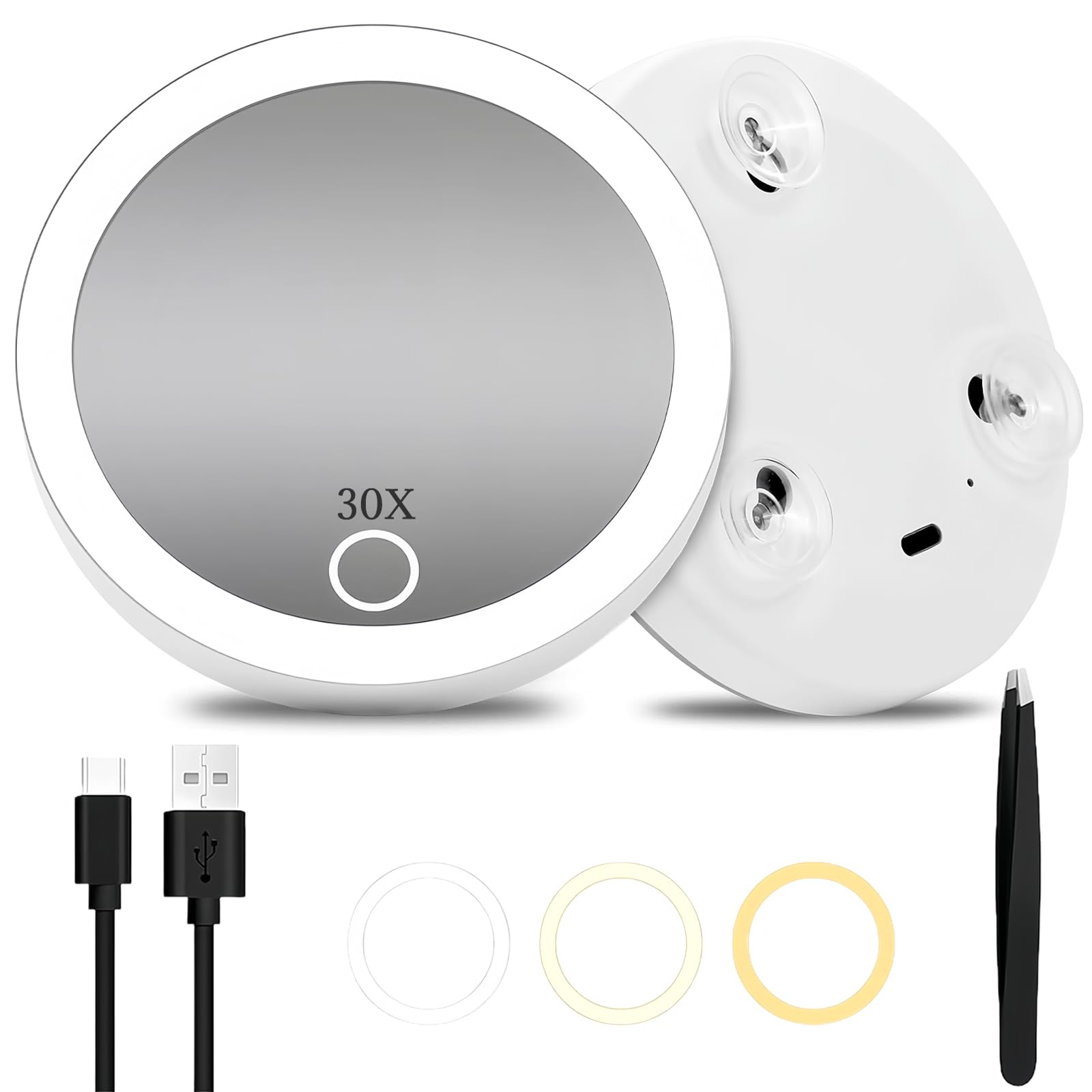 AMFUN 30X Magnifying Mirror, Magnifyings Mirrors with Light, Small Mirrored with Suction Cup and Tweezers, Travel Makeup Mirrors with 3 Color Lights for Travel, Bathroom, Home, Gifts (White)