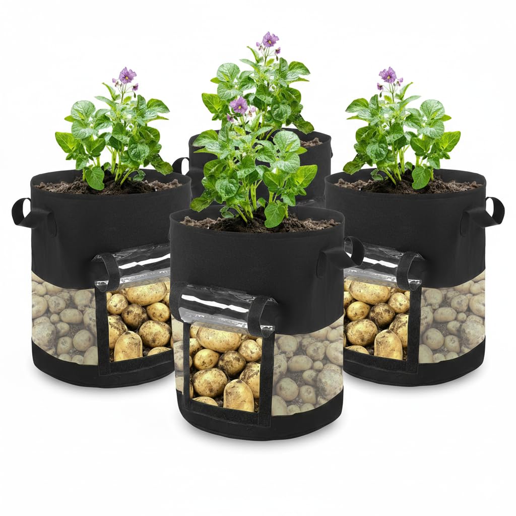 Premium Kartoffel Pflanzsack für effizienten Anbau | 7/10 Gal Vliesstoff-Pflanzbeutel mit Sichtfenster & Tragegriffen | Robuster Stofftopf für Garten & Balkon, Mehrfach verwendbar (4pcs,7 Gallonen)