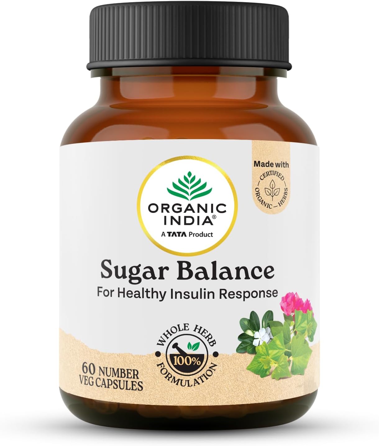 A TATA Product - Organic India Sugar Balance - 60 Veg Capsules, Naturally Supports Healthy Insulin Response & Glycemic Control, Normalize Energy Levels & Metabolism, GMP & NPOP Certified Organic