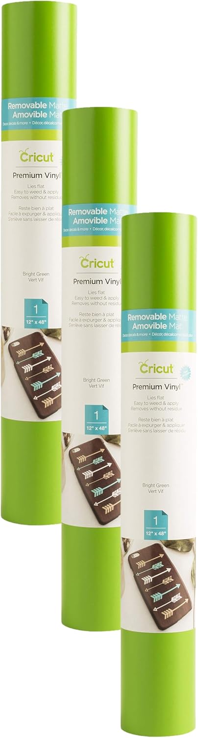 Cricut Removable Vinyl, Bright Green - 3-Pack of 4ft Rolls (12"x48") Premium No-Residue Vinyl for DIY Crafts, Wall Decals, Stickers, in-House Décor - Compatible with Cricut Maker + Explore Machines
