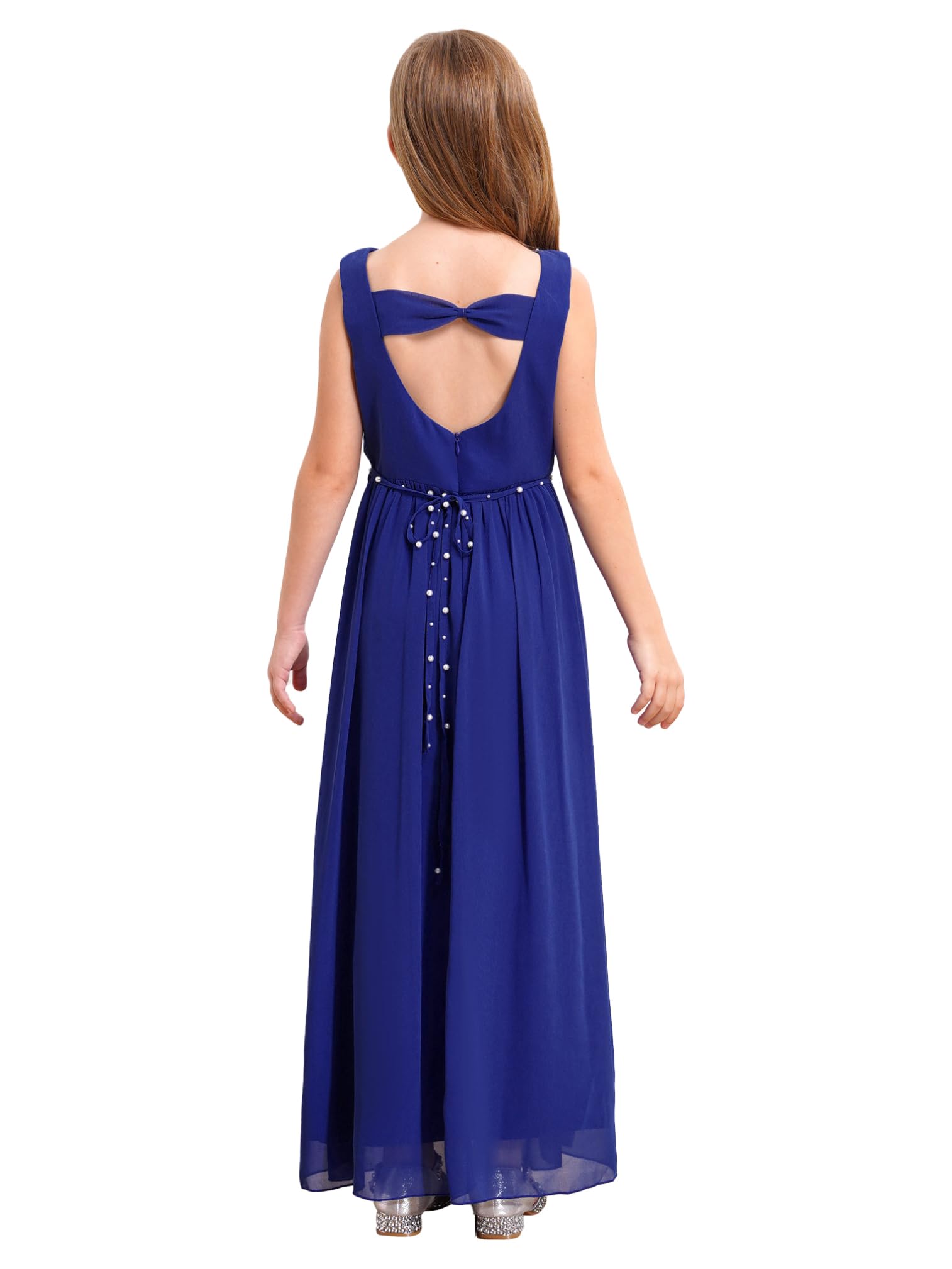 ranrann Robe de Cérémonie Fille Long sans Manches avec Perles Nœud Papillon | Robe Mariage,Demoiselle d'Honneur,Princesse,Bal,Soirée,Communion,Fête,Anniversaire pour Enfant 5-16 Ans