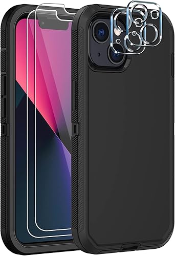 KECAI Funda para iPhone 13 con 2 protectores de pantalla + 2 protectores de lente de cámara, resistente a caídas, golpes y polvo, 3 capas de