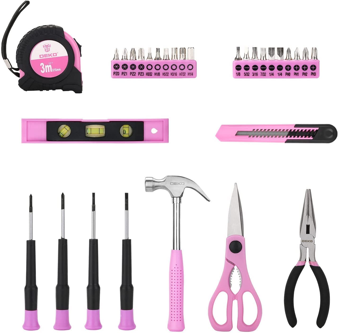 DEKO Malette Outils Rose 98 Pièces Avec Visseuse Électrique Sans Fil 3.6v, Caisse a Outil Complete de Réparation Maison, Bureau et Atelier, Quincaillerie et Kit de Bricolage