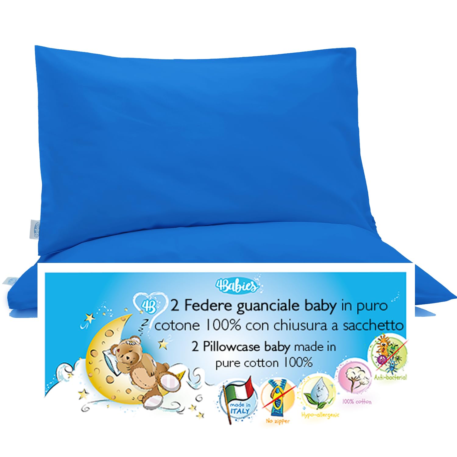 4BABIES-Kissenbezüg 50x30 Kinder - 2er Set Kopfkissenbezug mit Beutelverschluss 100% Reiner Baumwolle -Made in Italy- ÖEKO-TEX Zertifiziert - BLAU