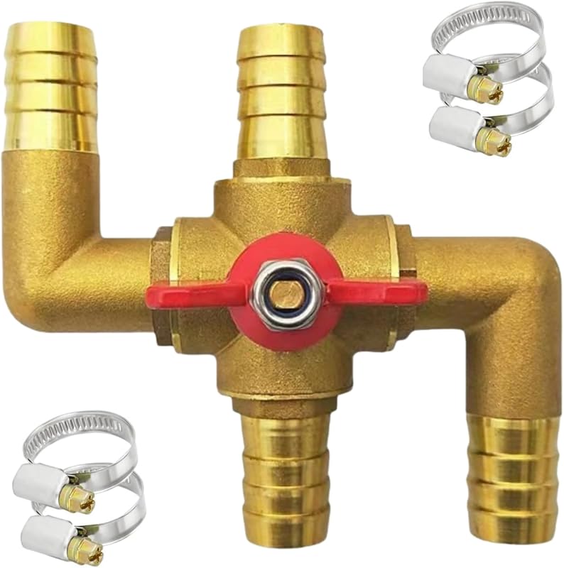 Válvula de control manual de agua de calefacción integrada para automóvil de 4 vías, 5/8"(16 mm) | Bypass de núcleo de calentador de latón macizo, válvula de bola de aire acondicionado para calentador de automóvil con 4 abrazaderas