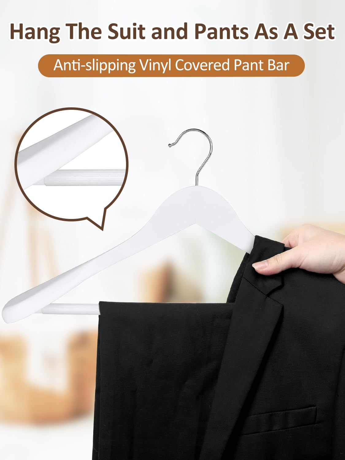 AMKUFO Perchas de madera de hombro ancho, paquete de 8 perchas con barra antideslizante para pantalones, perchas de madera resistentes con acabado suave, gancho giratorio de 360° para suéter, chamarra
