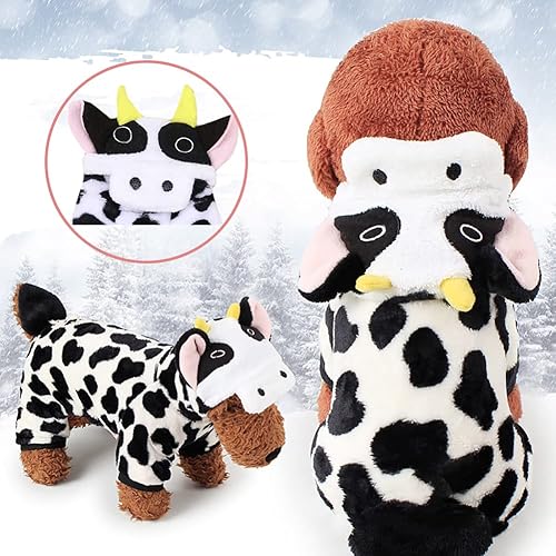 Dog Cow Costume – Funny Halloween Dog Farm Animal Costume Cow Cosplay Outfits, Winter Warm Milk Pajamas for Small Medium Dogs, Adorable 4 Legs Velvet Farm Costumes Hoodie Coat Pajama, Medium(XS: Chest 12"- Length 8"- Weight 2-3 lbs)
