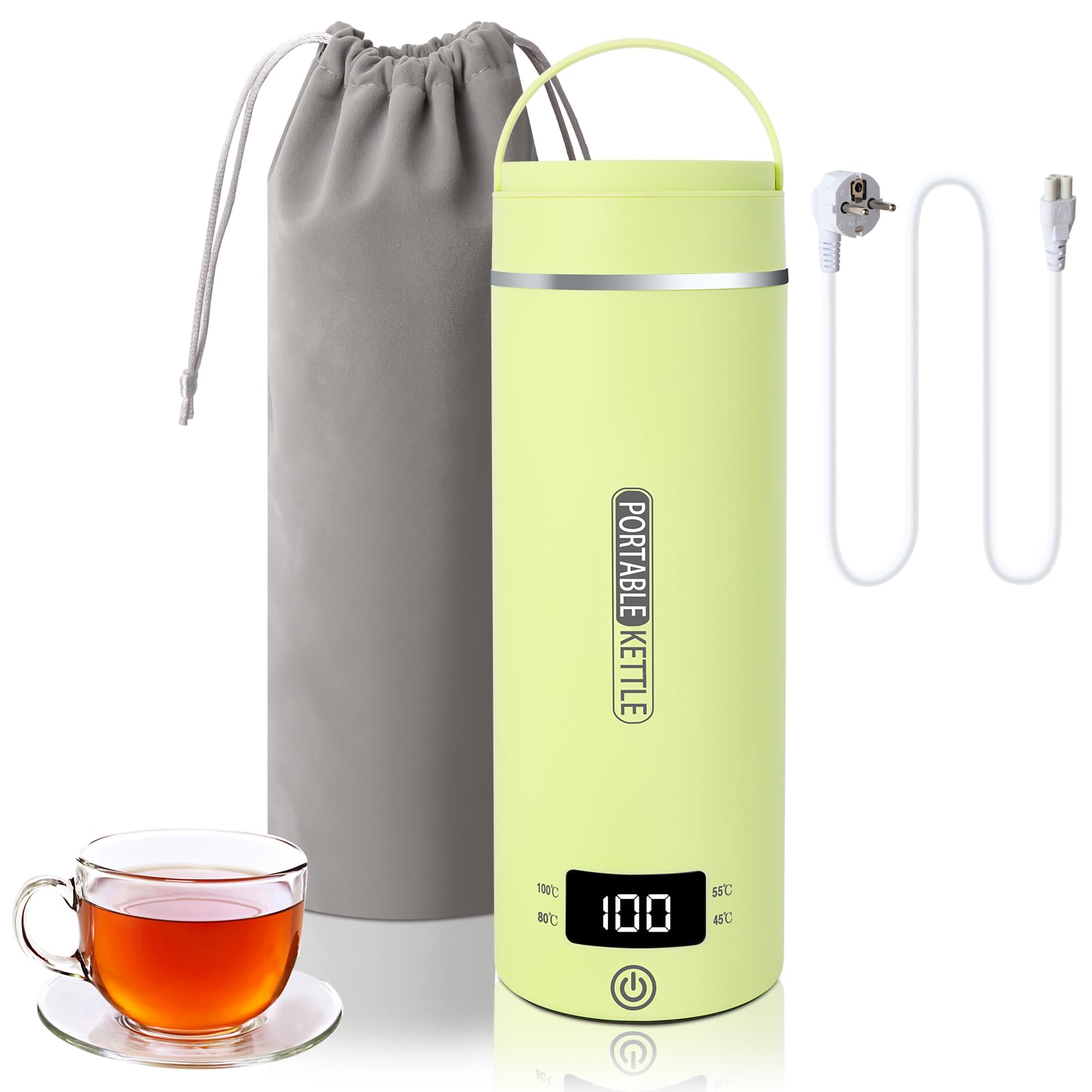 Mini Reisewasserkocher 500ml - Tragbar, 4 Temperaturen, LED Display, Edelstahl Innen