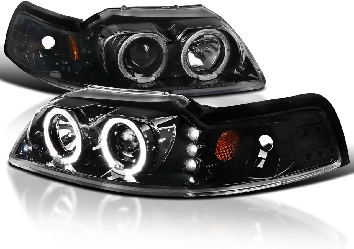 SPEC-D TUNING Jet Black LED Dual Halo Projector Headlights Compatible with 1999-2004 Ford Mustang, Left + Right Pair Headlamps Assembly