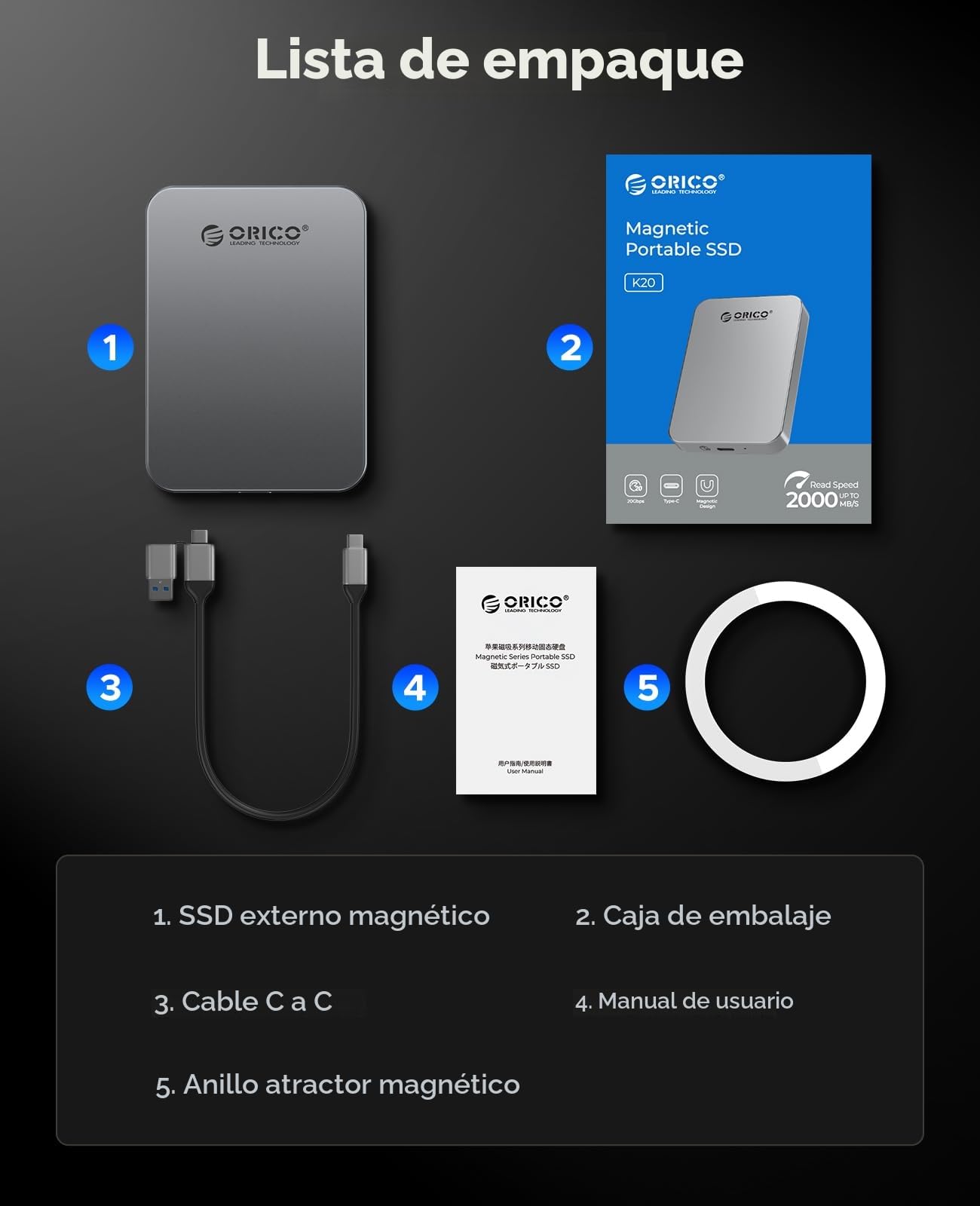ORICO 1 TB SSD Magnético Portátil, 4K 120 fps ProRes HDR Graba y Almacena, USB3.2 Gen1 hasta 460MB/s, USB C&A 2 en 1 Cable, SSD Externo Compatible con iPhone 16/15 Pro MAX, Tablet, Ordenador - K5PLUS