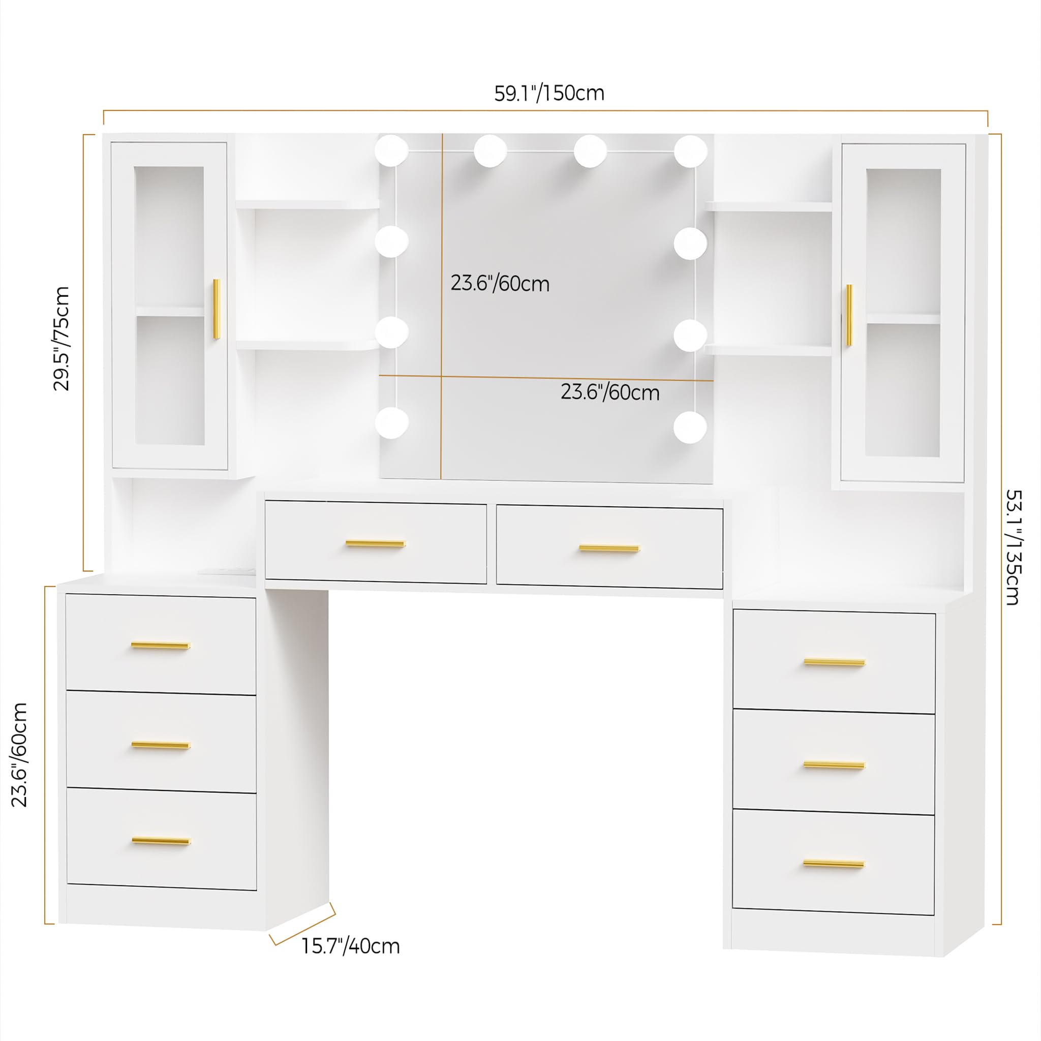 ANWBROAD Grande Toletta Trucco con Luci LED e Prese 150x135x40cm, Bianca | illuminazione Regolabile a 3 Colori Moderna Postazione Trucco con Specchio 8 Cassetti 2 Armadietti Toletta BDT67W
