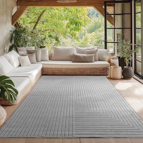 HomebyHome Teppich Wohnzimmer, Schlafzimmer, Wintergarten, Kurzflor Grau, Hoch-Tief-Effekt, weich & waschbar, Outdoor geeignet, 160x230 cm