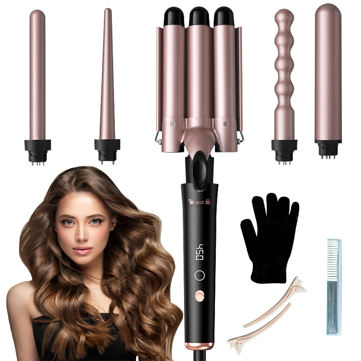 Azulmart5 In 1 Curling Iron Set, Curling Wand with 3 Barrel Hair Crimper 4 Interchangeable Ceramic Curlers Wand 4 Adjust Temperature, Fast Heat Styling Tool Contain Comb with Protective Glove 2 Clips