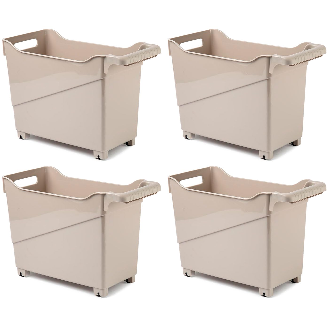 Tradineur - Pack de 4 Carritos de plástico con Ruedas y asa - N.º 3 - Cesta Organizadora para Productos de Limpieza, Baño, Cocina - Color Marrón Topo