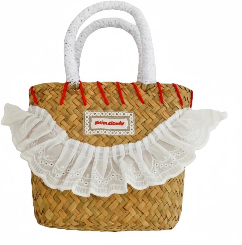 Boho Lace Trim Embellished Straw Handbag for Women, Mini Woven Beach Bucket Bag, Summer Vacation Purse，Clutch Purses for Women