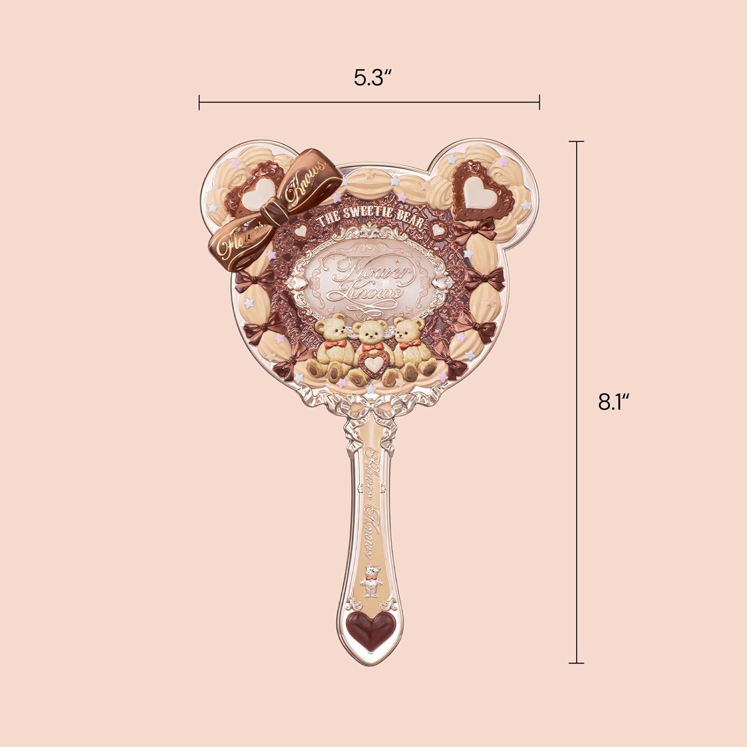 Flower Knows The Sweetie Bear Hand Mirror,Vintage Portable Handheld Mirror,Fancy & Pretty Princess Mirror with Long Handle,Gift for Girls(Carmal Brown)