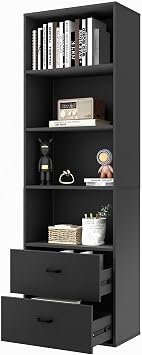 MAT EXPERT 71 Black Tall Bookcase, Modern Display Storage Cabinet with 4 Tier Open Shelves & 2 Drawers, Kitchen Pantry Cabinet, Freestanding Wooden Bookshelf and Bookcase for Home Office