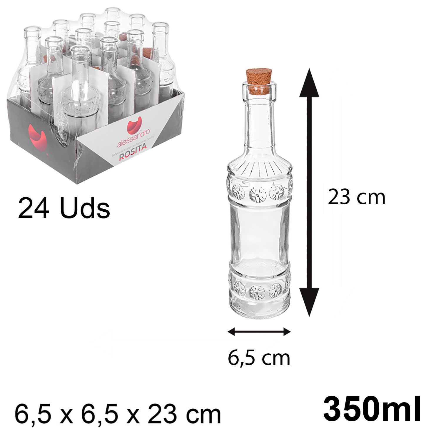 TWO TIGERS Botella de Cristal con Tapón de Corcho. Pack 24 Botellas Reutilizables, Cuadradas y Redondas. Ideal para Hostelería, Bar, Restaurantes, Hoteles, Fiestas y Celebraciones (Redonda 350ml)