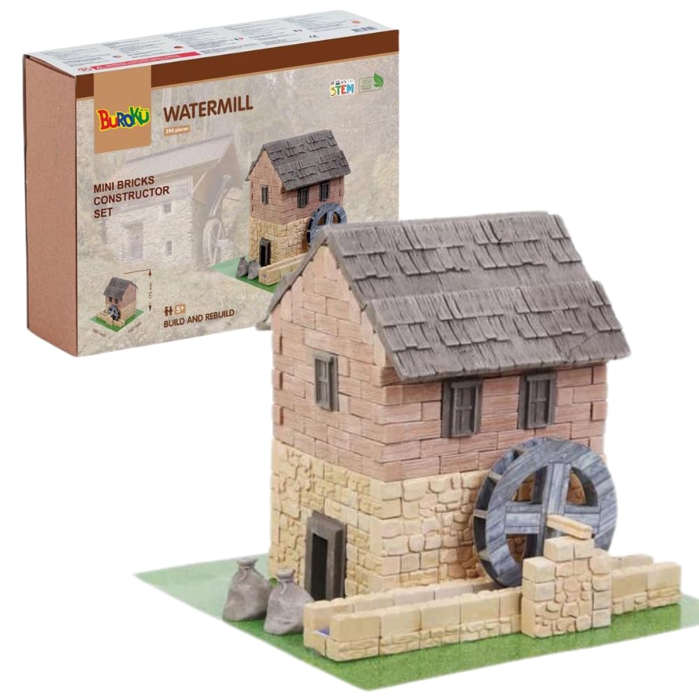 Buroku - Kit Construcción Medieval 390 Piezas | Molino de Agua Realista | Ladrillos de Piedra | Fomenta Aprendizaje STEM y Habilidades Motoras | Para Niños y Adultos | Incluye Pegamento