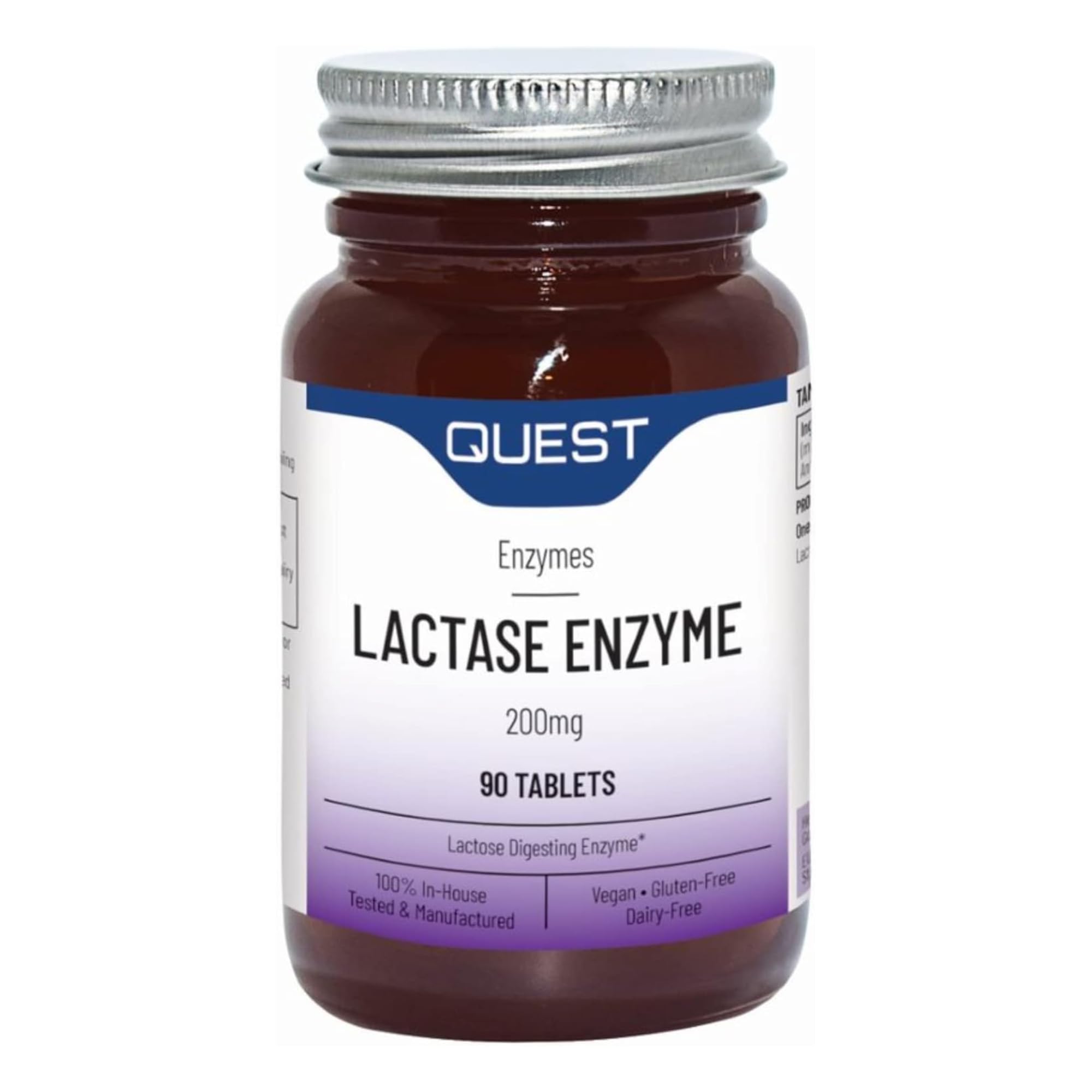 Quest Lactase Enzyme 200 mg Soulagement de l'intolérance au lactose. 2000 ALU Complément digestif pour prévenir les gaz, les ballonnements et la diarrhée. Produits laitiers, sans gluten et végétalien