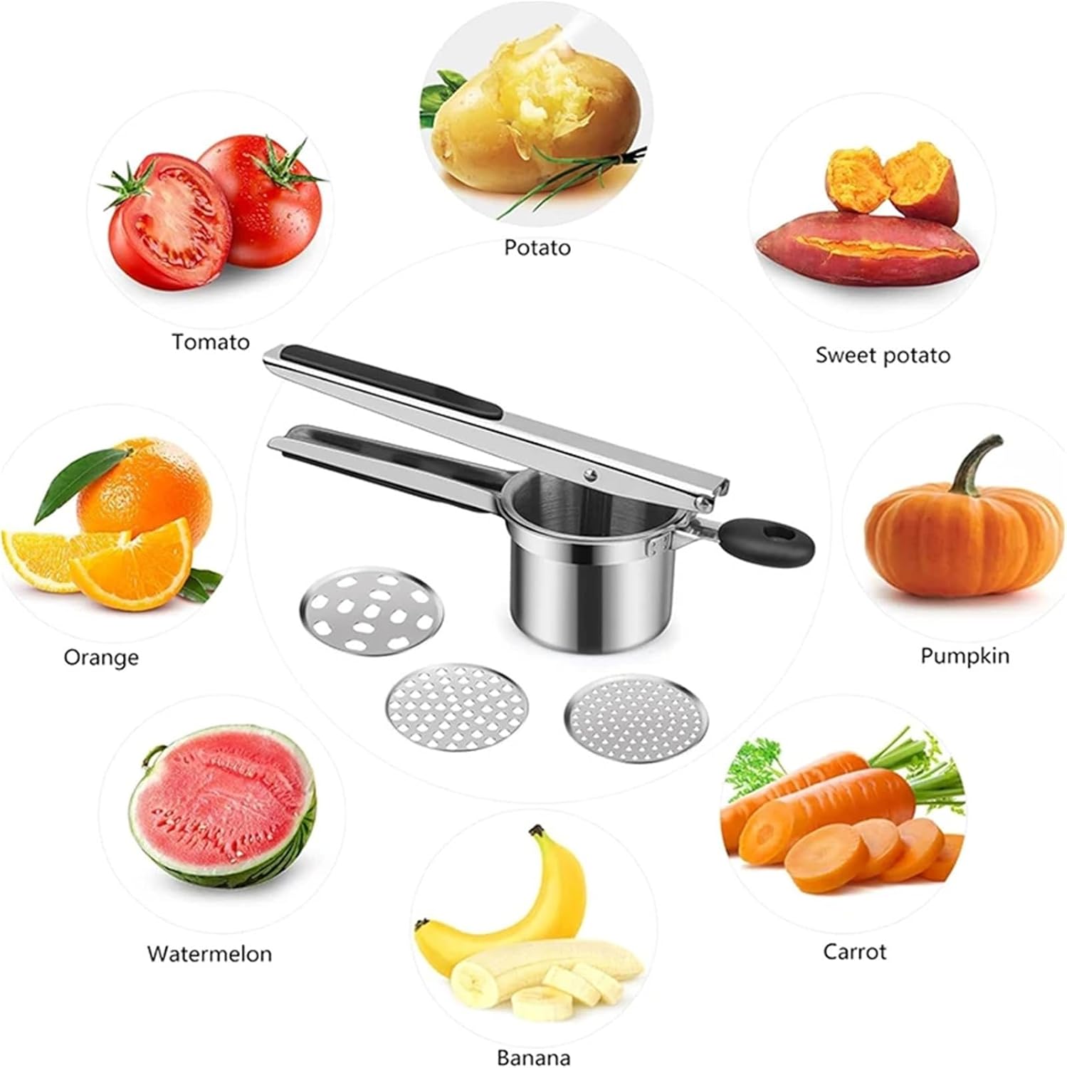 with 3 or 4 Interchangeable Discs Manual Potato Masher Fruit Juicer Lemon Squeezer Kitchen Gadget(3 Discs)