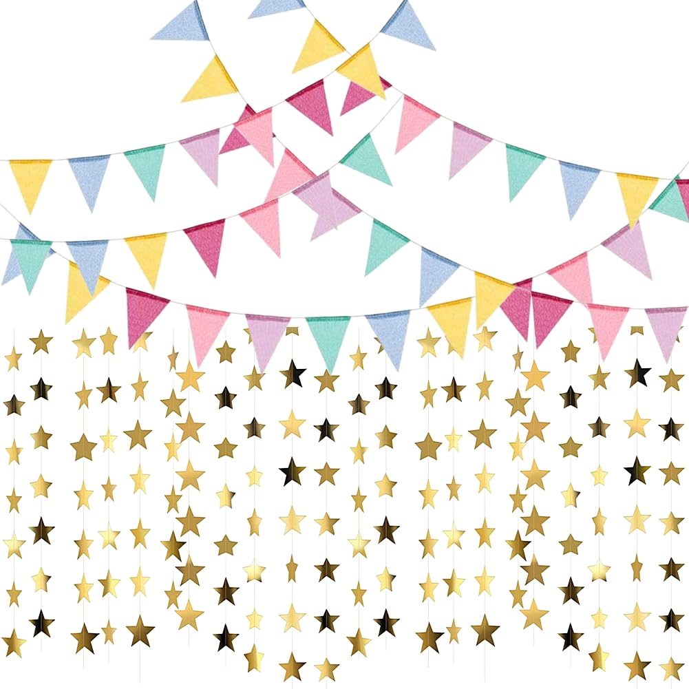 MIFKLMV 20M Burlap Rainbow Bunting with 16M Reflective Star Paper Garland, Waterproof Party Bunting Stars Garlands Party Accessories Party Decorations Set For Birthday Wedding Anniversary Garden