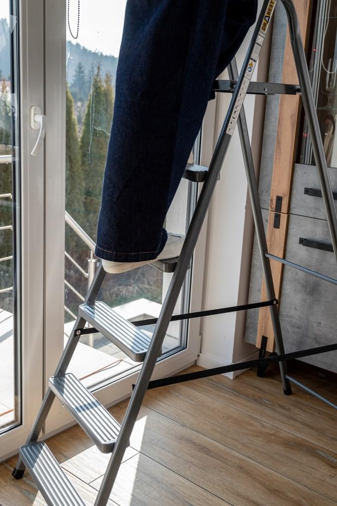 DRABEST Scaletta per Casa in Acciaio con Finitura Verniciata a Polvere e Piattaforma – Scaletta a 6 Gradini con Piattaforma – Pieghevole per la Casa – 125 Kg – 49x197x8 cm