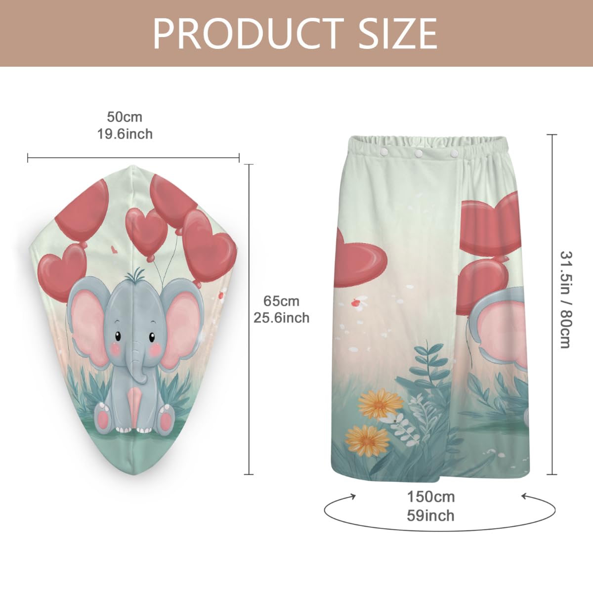 Mikrofaser-Duschtuch für Damen, mit Haarhandtuch, Cartoon-Baby, Elefant, Herz, weiche Körperwickel, Kleid mit Haartrocknungskappe für Strand, Pool, Spa, 2 Sets