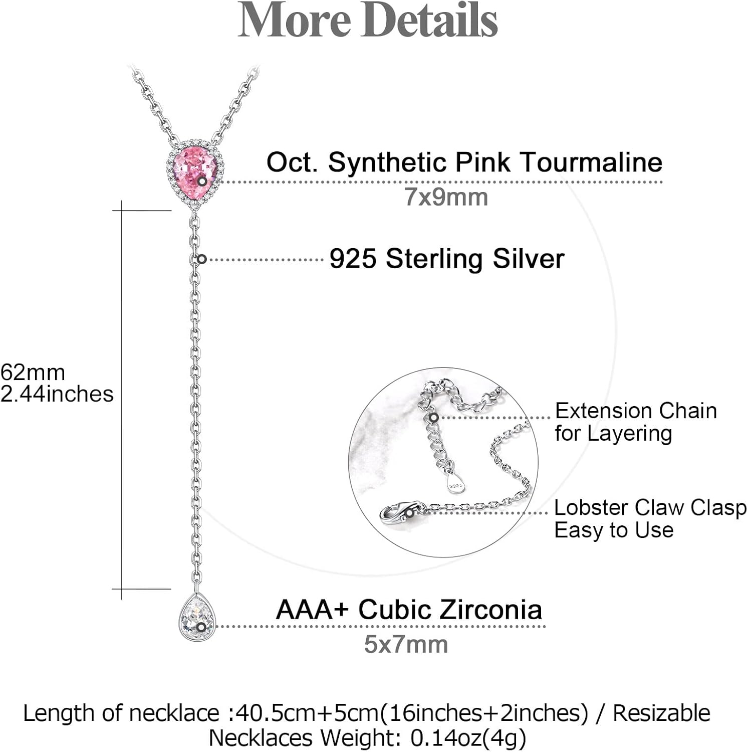 FOCALOOK 925 Sterling Silver Birthstone Long Pendant Necklace 16"-18" Y Drop Adjustable CZ Teardrop Lariat Necklaces for Women Mom Birthday Jewelry - Image 4