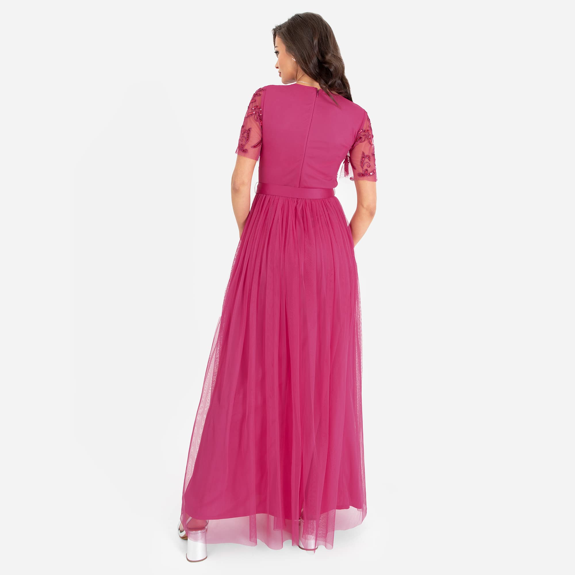 Maya Deluxe Womens Maxi Dress Ladies Ball Gown for Wedding Guest Embellished Tie Waist V Neck Bridesmaid Prom Evening Occasion Vestito Donna