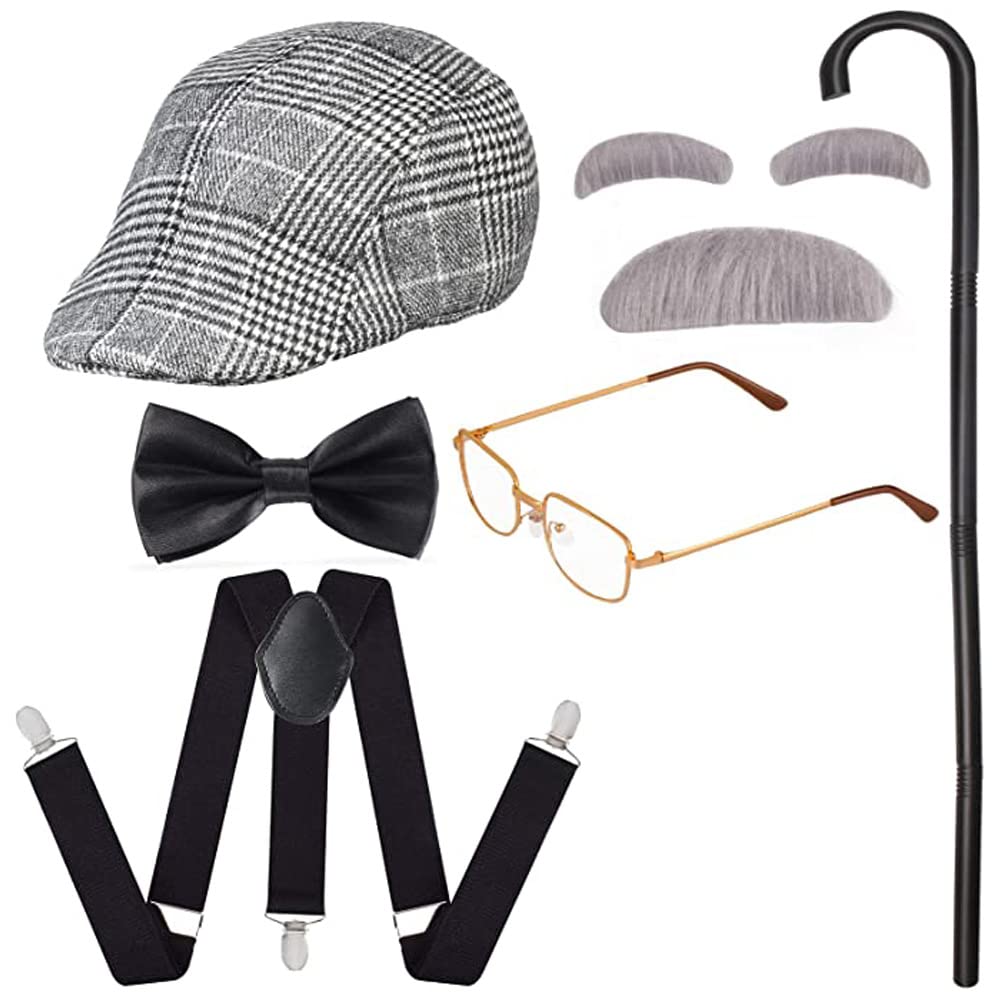 Yewong 1920s Mens Gatsby Gangster Costume Old Man Fancy Dress Costume Grandpa Accessories Set with Newsboy Hat (Grey Hat)