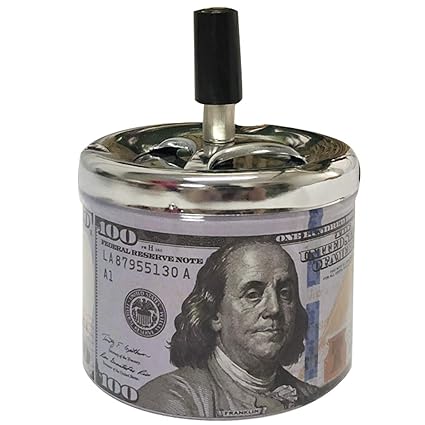 NewFerU Smokeless Metal Tin Push Down Ashtray for Cigarettes Cigars with Spinning Tray Lid Covered Portable Ash Tray Bucket for Home Tabletop,Patio,Sand,Car,Auto,Outdoors,Indoors (Dollar Sign 100)