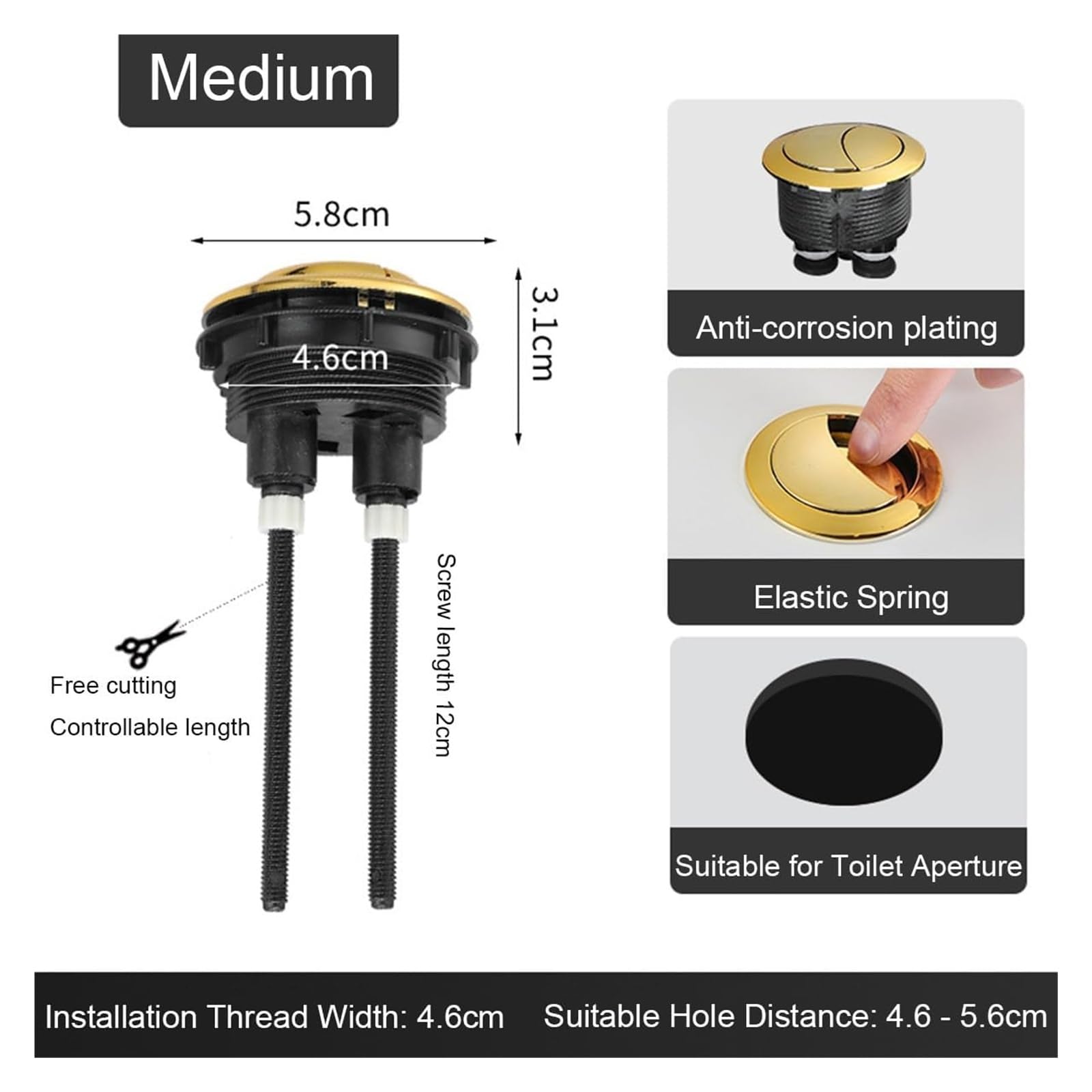 2 Botones de Descarga Dorados de 38 Mm, 46 Mm Y 57 Mm para Válvula de Descarga Doble en Tanques de Inodoro, Inodoros de Doble Descarga, Herramientas Domésticas/Fits 46Mm56Mm Hole