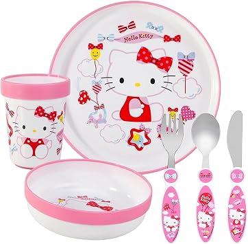 Hello Kitty Kids 6 Piece Reusable Dinner Set - Plate/Bowl/Cup/Knife/Fork/Spoon - Childrens Dinnerware Tableware Cutlery Set