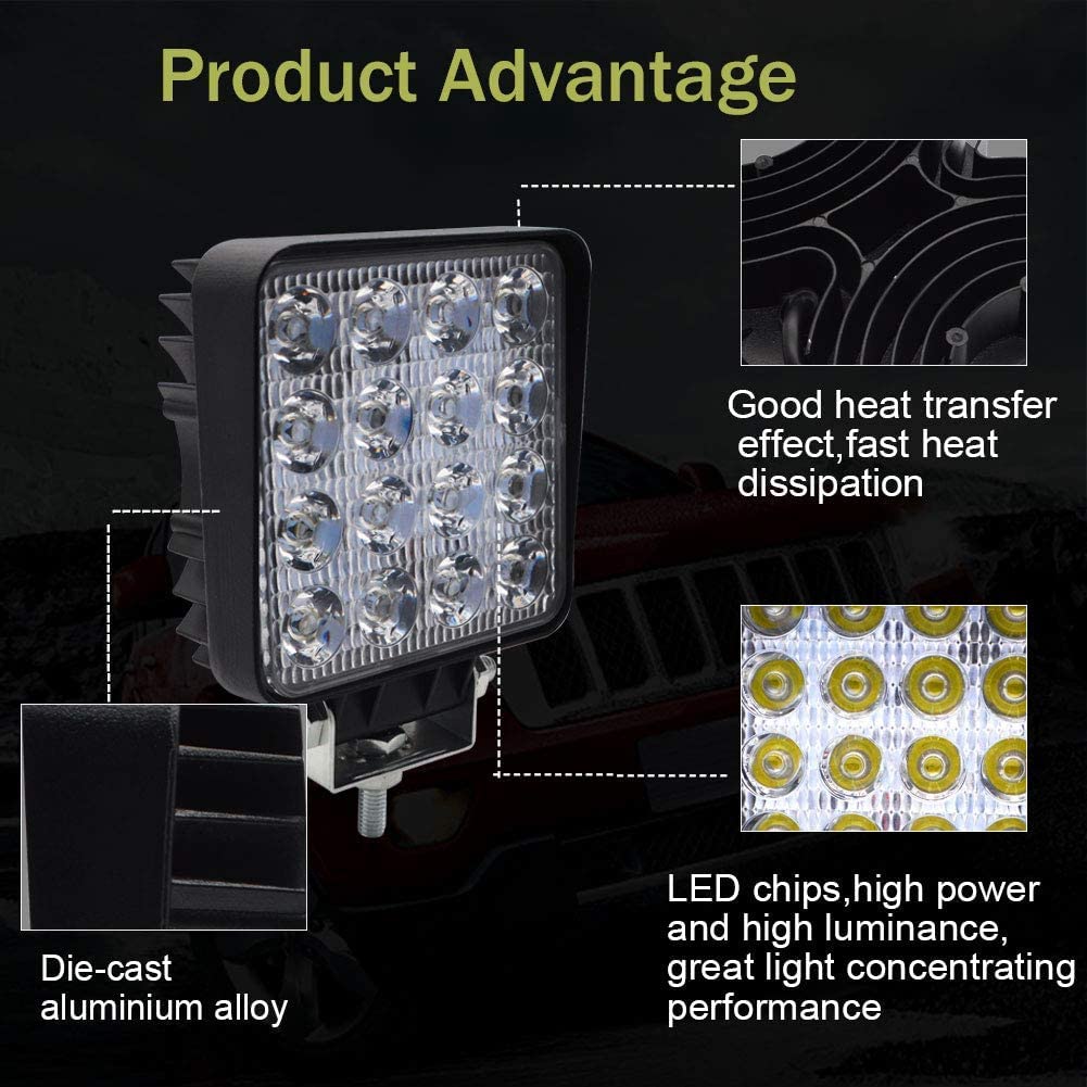 Faro da Lavoro, 48W 12V/24V Luci Off Road IP68 impermeabile 6000K Spot Luce di Profondità' a Led Luci di Lavoro Fuoristrada Quadrate a Led per Off Road Moto 4WD SUV ATV UTV Camion 4Pcs