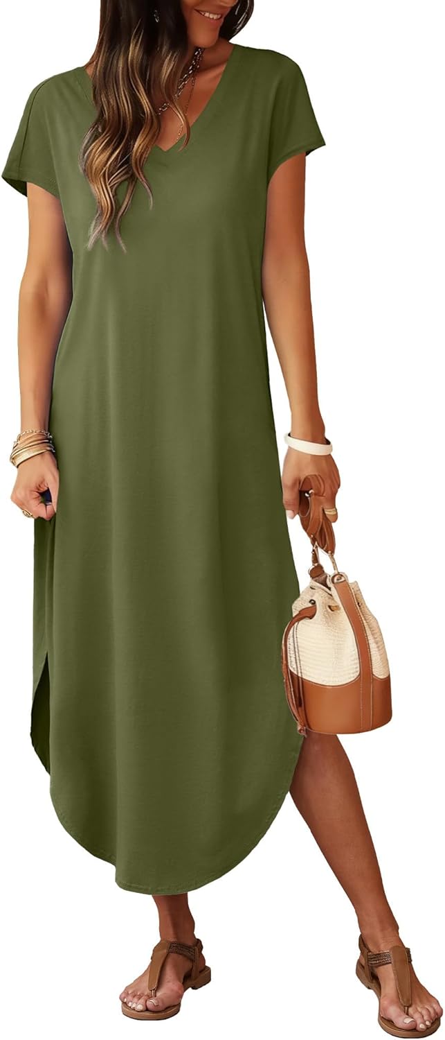 RUMIA Summer Casual Maxi Dresses for Women- Women's V Neck Cap Sleeve Long Sundress with Pockets Beach Vacation - Image 2